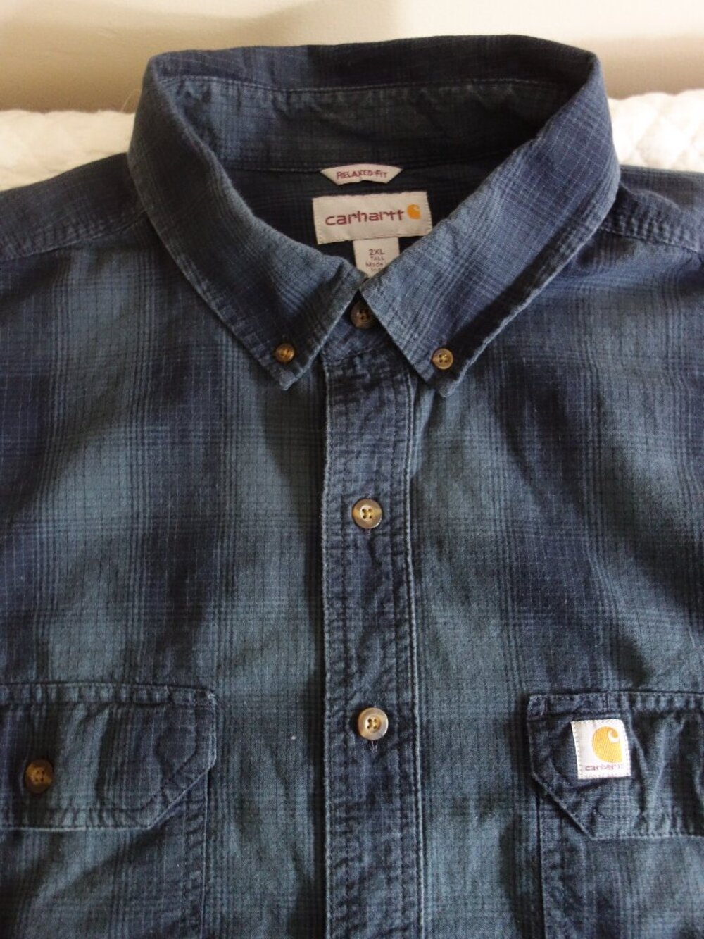 CARHARTT Navy Plaid Long Sleeve Button Shirt – Mens 2XL Tall